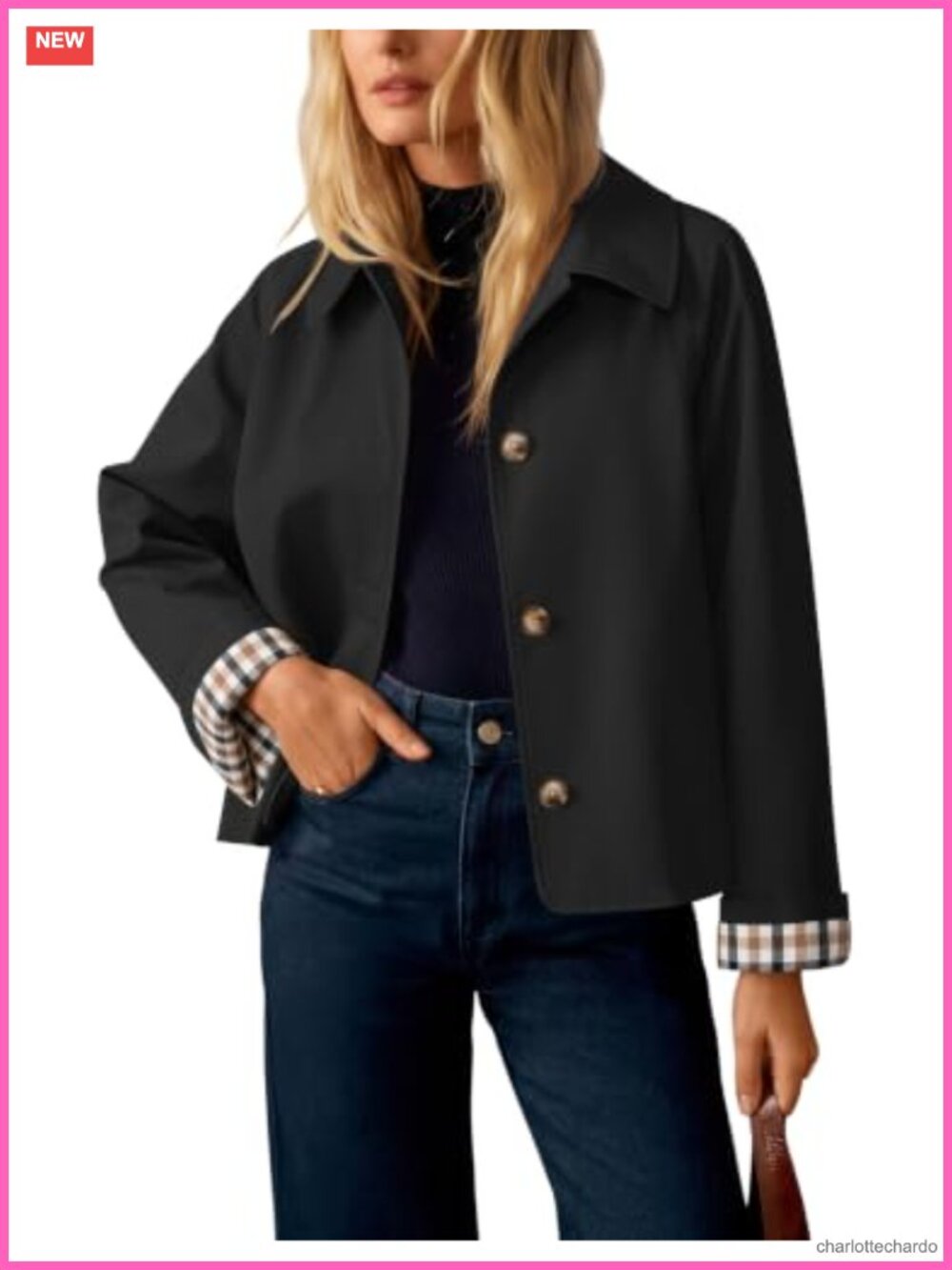 Womens Cropped Trench Coat Plaid Button Front Fall Jacket Polyester